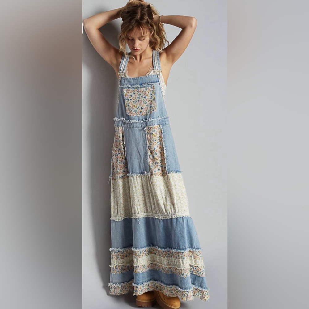 POL Light Blue Patchwork Floral Maxi Dress - Boho Sundress
